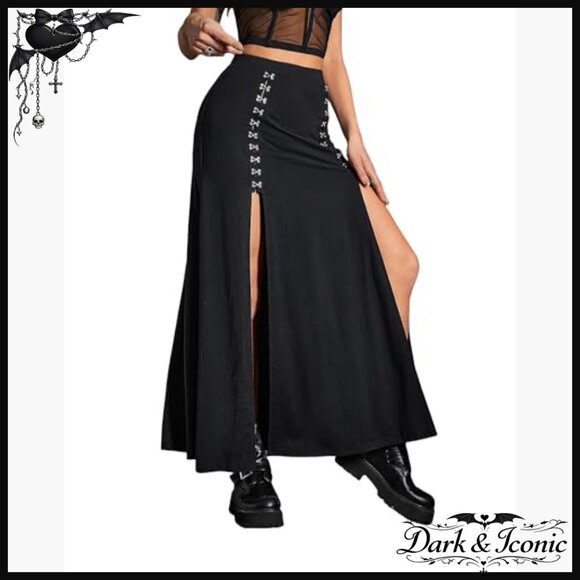 Stretchy High Waist Maxi Skirt with Double Slits Punk Gothic Style - Picture 4 of 7